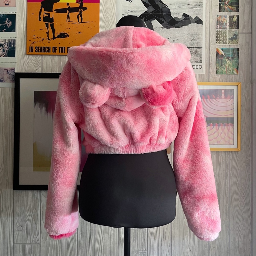 NWT Teddy Bear Hooded Cropped Jacket Pink Fur Rave Festival Kawaii Goth Pastel - Picture 2 of 4